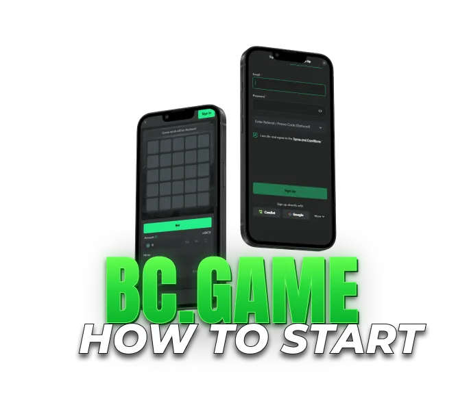 How to start playing BC.GAME Mines with registration and Mines game screens on mobile.